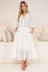 Dove Maxi Dress - Plaid Textured Lace Detailed Dress with Puff Sleeves in White