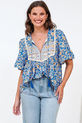 Dove Top - Relaxed Yoke Bodice Pull Over with Short Sleeves in Wynona Print Blue