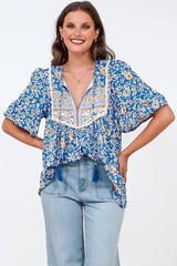Dove Top - Relaxed Yoke Bodice Pull Over with Short Sleeves in Wynona Print Blue