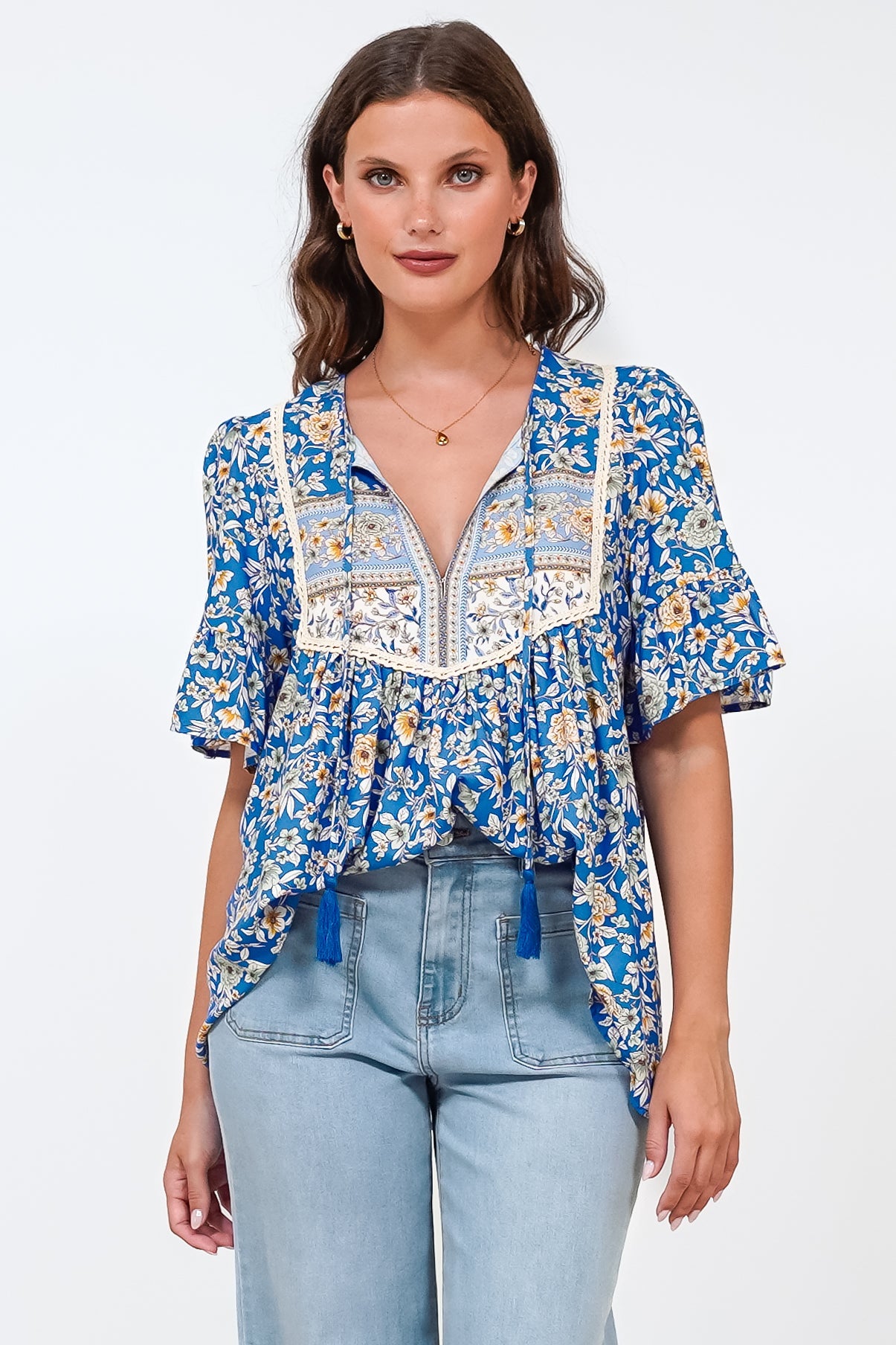 Dove Top - Relaxed Yoke Bodice Pull Over with Short Sleeves in Wynona Print Blue
