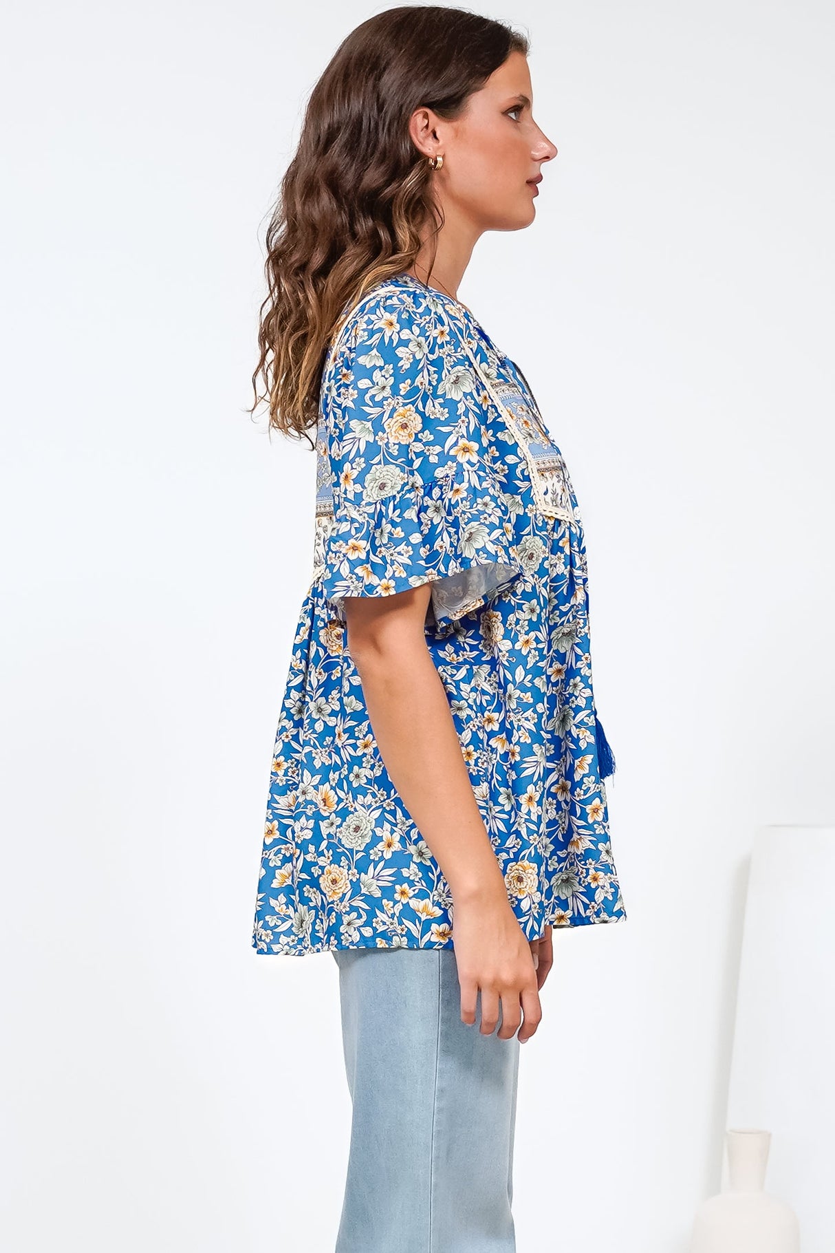 Dove Top - Relaxed Yoke Bodice Pull Over with Short Sleeves in Wynona Print Blue