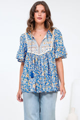 Dove Top - Relaxed Yoke Bodice Pull Over with Short Sleeves in Wynona Print Blue