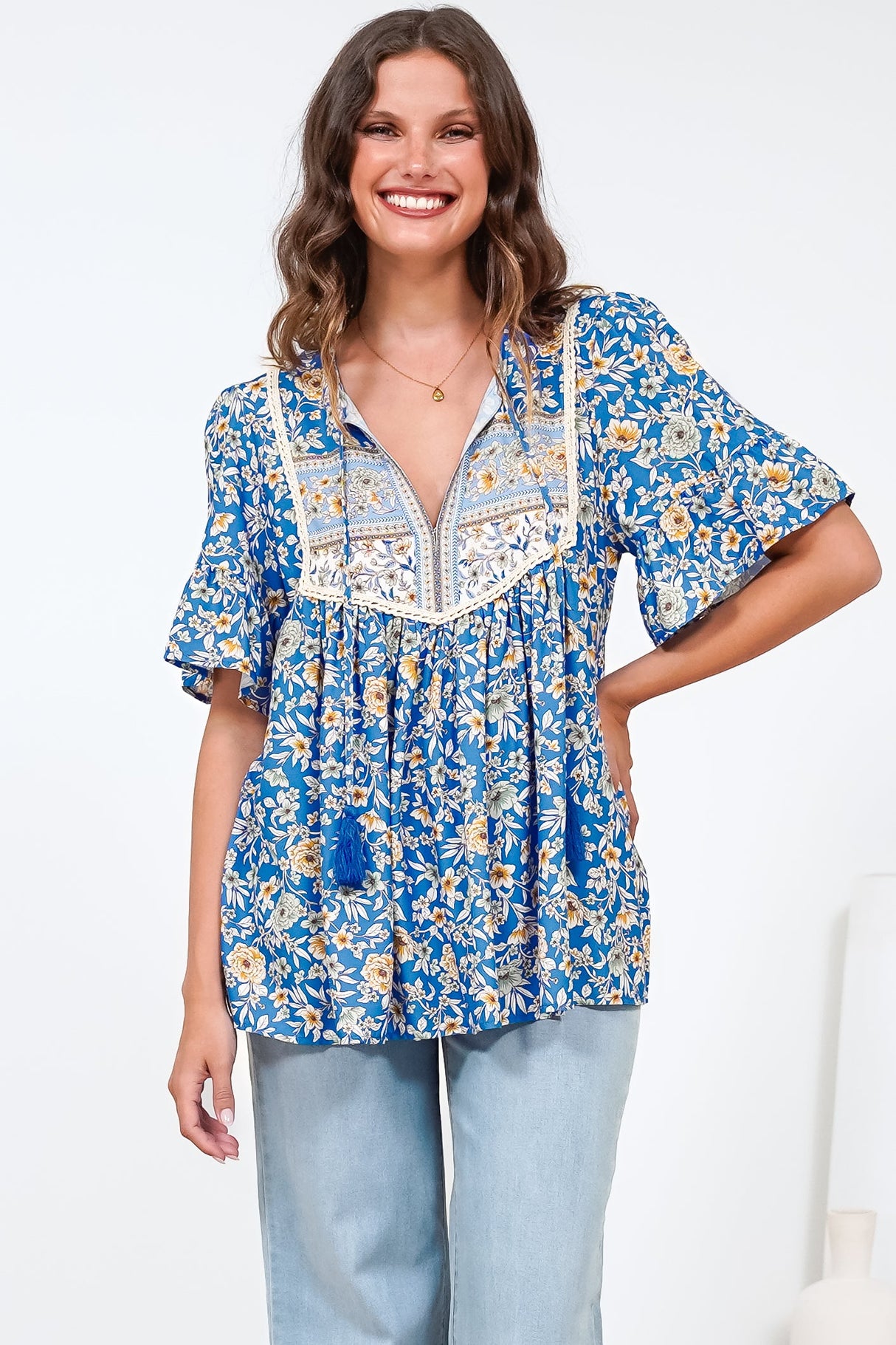 Dove Top - Relaxed Yoke Bodice Pull Over with Short Sleeves in Wynona Print Blue