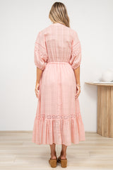 Dove Maxi Dress - Plaid Textured Lace Detailed Dress with Puff Sleeves in Pink