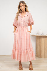 Dove Maxi Dress - Plaid Textured Lace Detailed Dress with Puff Sleeves in Pink