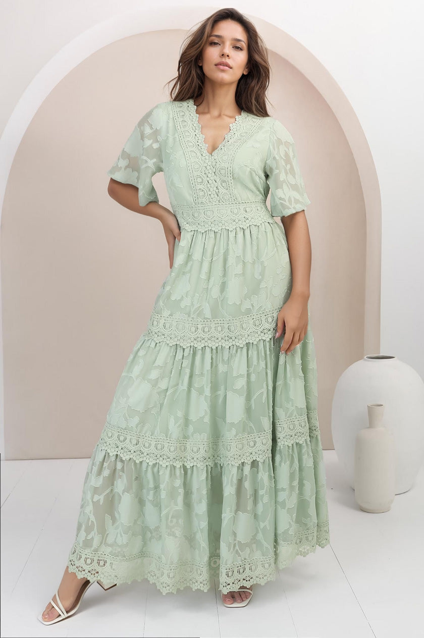 Madeline Maxi Dress - Lace Trim Embroidered A Line Dress in Mint