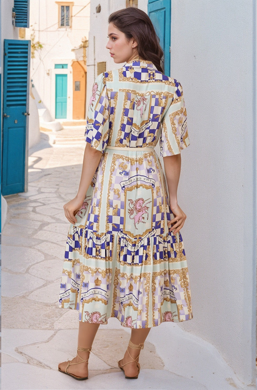 Addax Midi Dress - Collared Button Down Dress with Bell Sleeves and Ruffle Hem in Estella Print