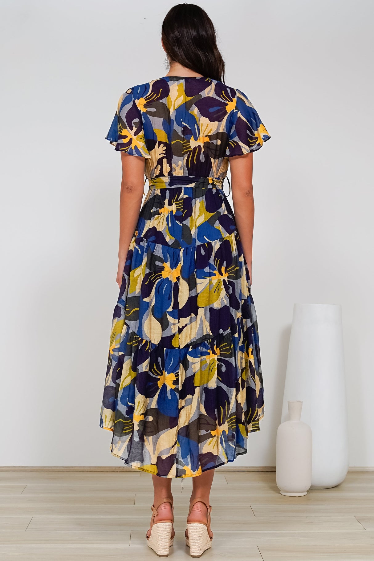 Drea Midi Dress - Cap Sleeve Tiered Dress with Scoop Hemline in Estelle Print