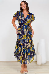 Drea Midi Dress - Cap Sleeve Tiered Dress with Scoop Hemline in Estelle Print