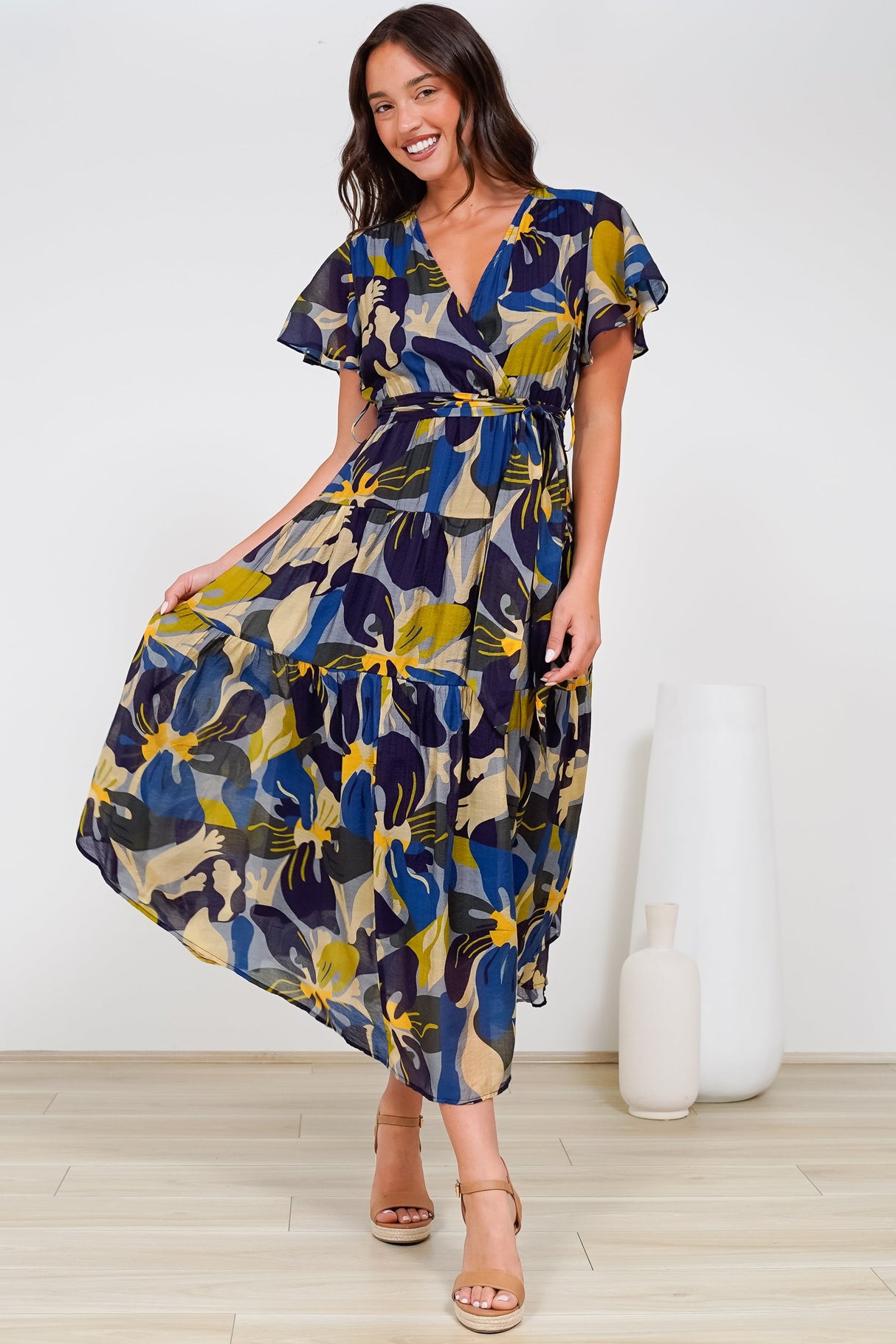 Drea Midi Dress - Cap Sleeve Tiered Dress with Scoop Hemline in Estelle Print