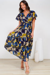 Drea Midi Dress - Cap Sleeve Tiered Dress with Scoop Hemline in Estelle Print