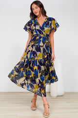 Drea Midi Dress - Cap Sleeve Tiered Dress with Scoop Hemline in Estelle Print