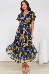 Drea Midi Dress - Cap Sleeve Tiered Dress with Scoop Hemline in Estelle Print
