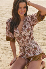 JAASE - Dream Playsuit: Folded Collar Button Down to Elasticated Waist Playsuit in Wild Gypsy Print