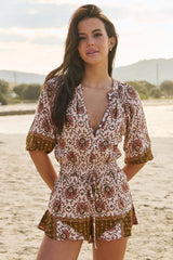 JAASE - Dream Playsuit: Folded Collar Button Down to Elasticated Waist Playsuit in Wild Gypsy Print