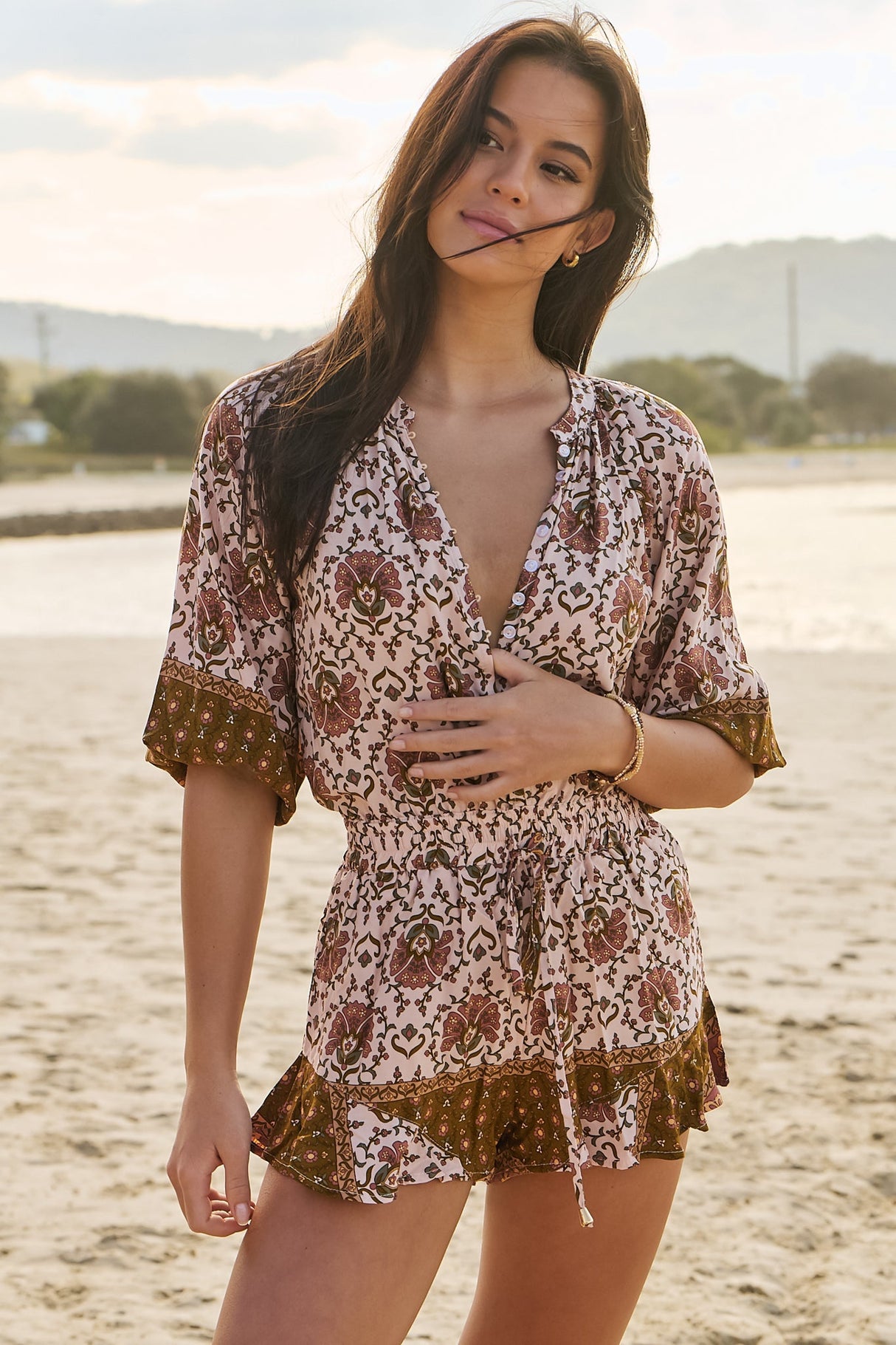 JAASE - Dream Playsuit: Folded Collar Button Down to Elasticated Waist Playsuit in Wild Gypsy Print