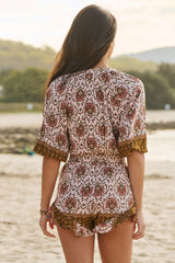 JAASE - Dream Playsuit: Folded Collar Button Down to Elasticated Waist Playsuit in Wild Gypsy Print