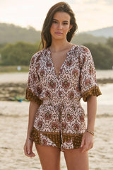 JAASE - Dream Playsuit: Folded Collar Button Down to Elasticated Waist Playsuit in Wild Gypsy Print