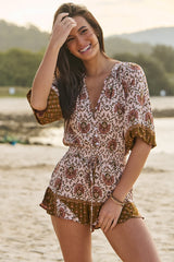 JAASE - Dream Playsuit: Folded Collar Button Down to Elasticated Waist Playsuit in Wild Gypsy Print