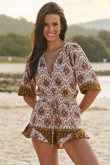 JAASE - Dream Playsuit: Folded Collar Button Down to Elasticated Waist Playsuit in Wild Gypsy Print