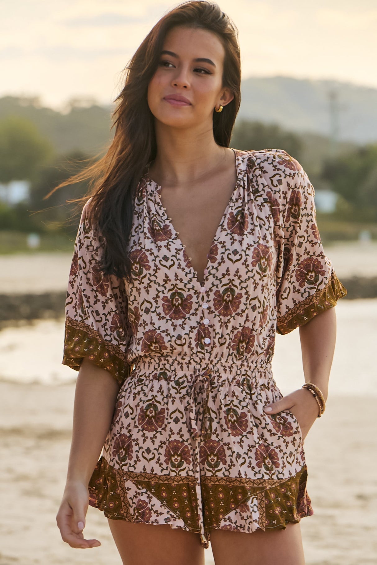 JAASE - Dream Playsuit: Folded Collar Button Down to Elasticated Waist Playsuit in Wild Gypsy Print