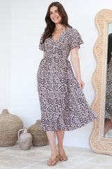 Drielly Midi Dress - Flutter Cap Sleeve Button Down Dress in Perrie Print