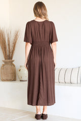 Drika Midi Dress - Twist Detail Cape Sleeve A Line Dress with Pockets in Chocolate