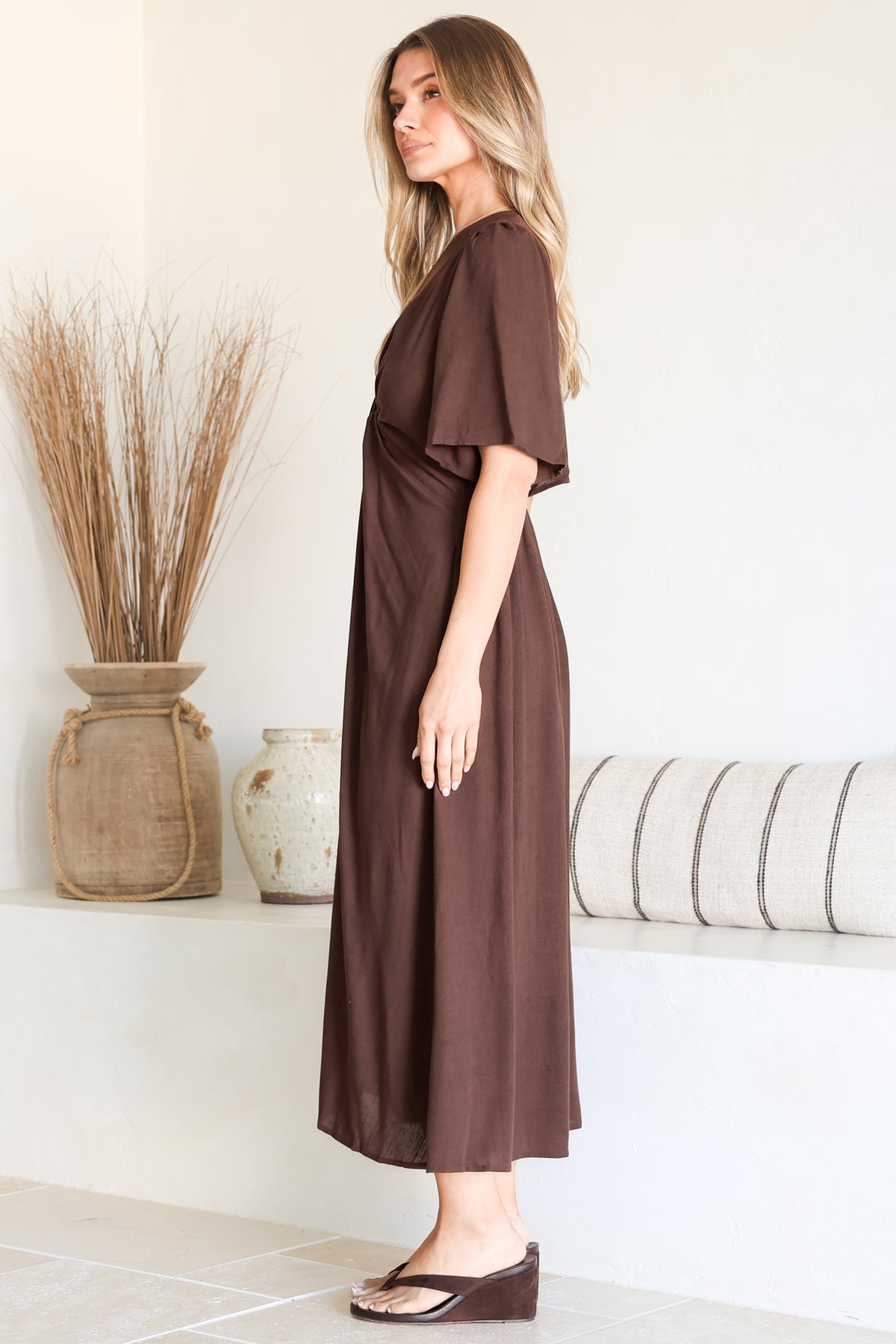 Drika Midi Dress - Twist Detail Cape Sleeve A Line Dress with Pockets in Chocolate