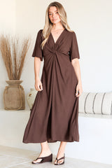 Drika Midi Dress - Twist Detail Cape Sleeve A Line Dress with Pockets in Chocolate
