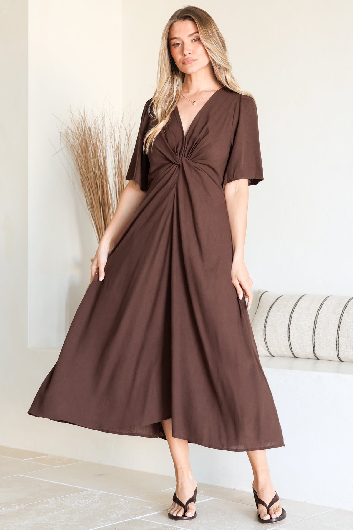 Drika Midi Dress - Twist Detail Cape Sleeve A Line Dress with Pockets in Chocolate
