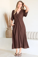 Drika Midi Dress - Twist Detail Cape Sleeve A Line Dress with Pockets in Chocolate