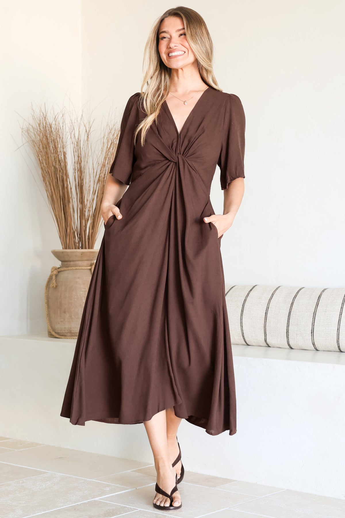 Drika Midi Dress - Twist Detail Cape Sleeve A Line Dress with Pockets in Chocolate