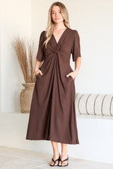 Drika Midi Dress - Twist Detail Cape Sleeve A Line Dress with Pockets in Chocolate