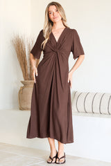 Drika Midi Dress - Twist Detail Cape Sleeve A Line Dress with Pockets in Chocolate