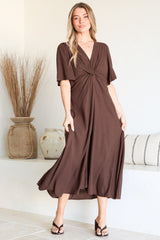 Drika Midi Dress - Twist Detail Cape Sleeve A Line Dress with Pockets in Chocolate