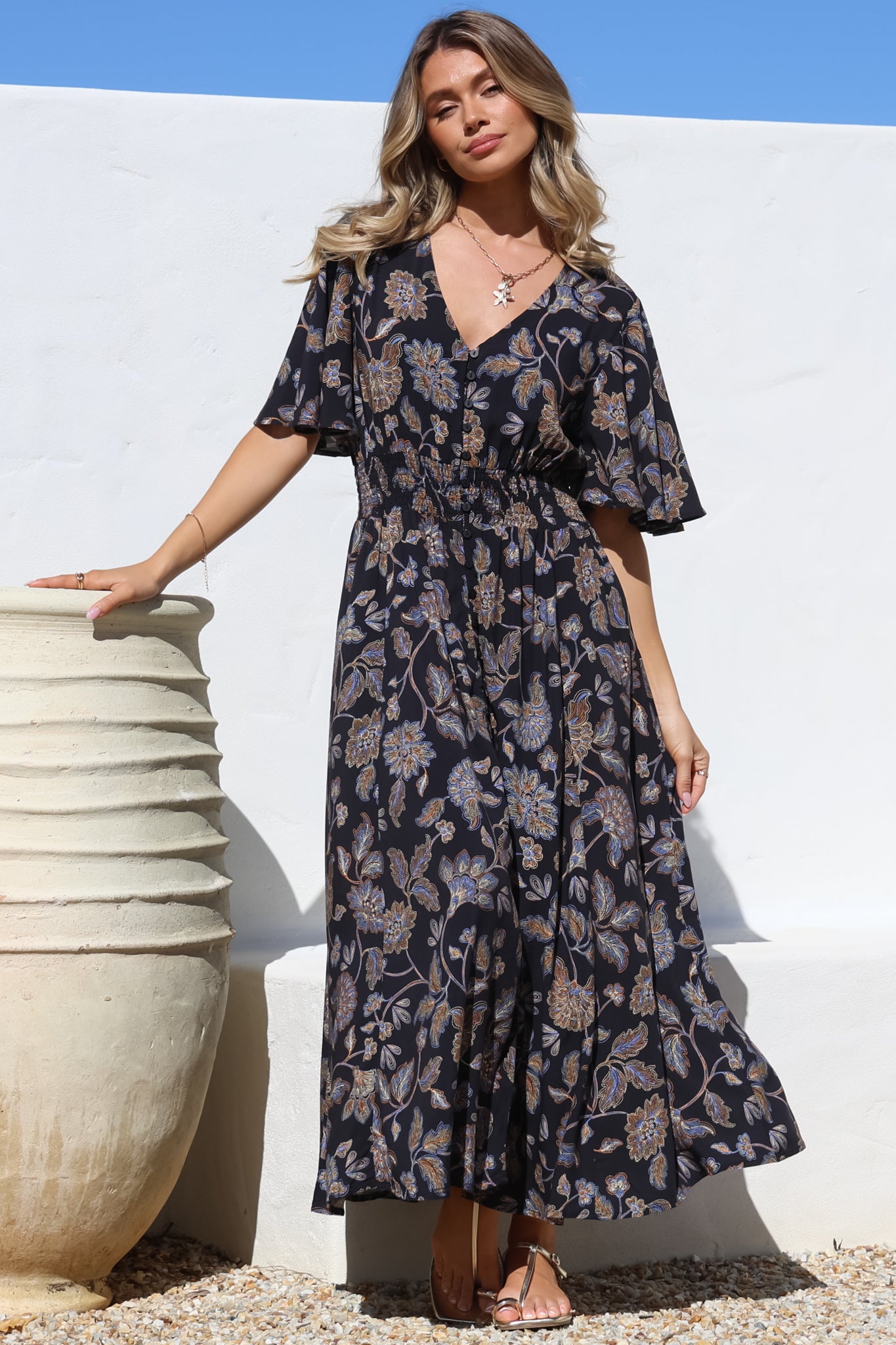 Dulcie Maxi Dress Cape Sleeve Button Down Maxi Pockets Enchanted Ink Print