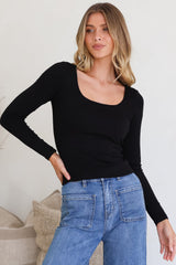 Duncan Top - Scoop Neck Stretchy Long Sleeve Basic Top in Black