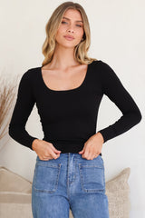 Duncan Top - Scoop Neck Stretchy Long Sleeve Basic Top in Black