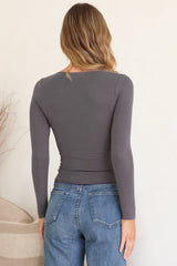 Duncan Top - Scoop Neck Stretchy Long Sleeve Basic Top in Charcoal