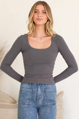 Duncan Top - Scoop Neck Stretchy Long Sleeve Basic Top in Charcoal