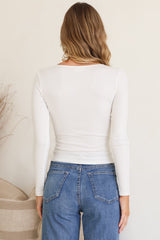 Duncan Top - Scoop Neck Stretchy Long Sleeve Basic Top in White
