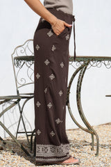 Dune Pants - Elasticated Drawstring High Waisted Pants with Embroidery in Vesper Print Brown