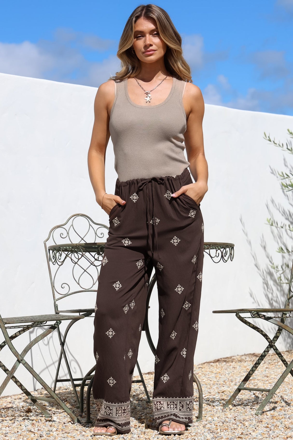 Dune Pants - Elasticated Drawstring High Waisted Pants with Embroidery in Vesper Print Brown