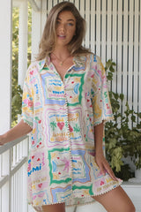 JAASE - Dustin Shirt: Oversized Long Button Down Shirt in La Mer Print