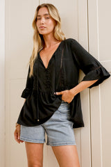 Dustin Top - Tie Neck Button Bodice Peplum Top with Frill Cuff 3/4 Sleeves in Black