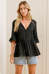 Dustin Top - Tie Neck Button Bodice Peplum Top with Frill Cuff 3/4 Sleeves in Black