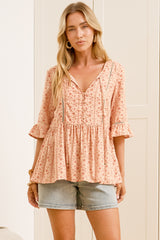 Dustin Top - Tie Neck Button Bodice Peplum Top with Frill Cuff 3/4 Sleeves in Lian Print