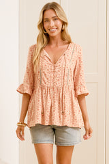 Dustin Top - Tie Neck Button Bodice Peplum Top with Frill Cuff 3/4 Sleeves in Lian Print