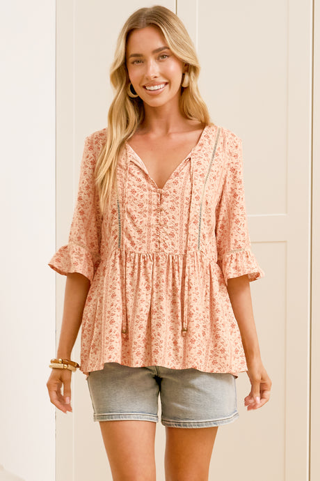 Dustin Top - Tie Neck Button Bodice Peplum Top with Frill Cuff 3/4 Sleeves in Lian Print