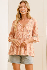 Dustin Top - Tie Neck Button Bodice Peplum Top with Frill Cuff 3/4 Sleeves in Lian Print